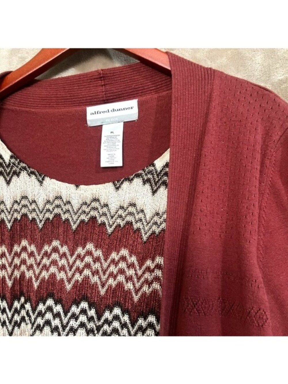 Alfred Dunner Chevron Layered Top Womens Petite Cardigan Rust Gold Tan Patterned - Picture 14 of 16